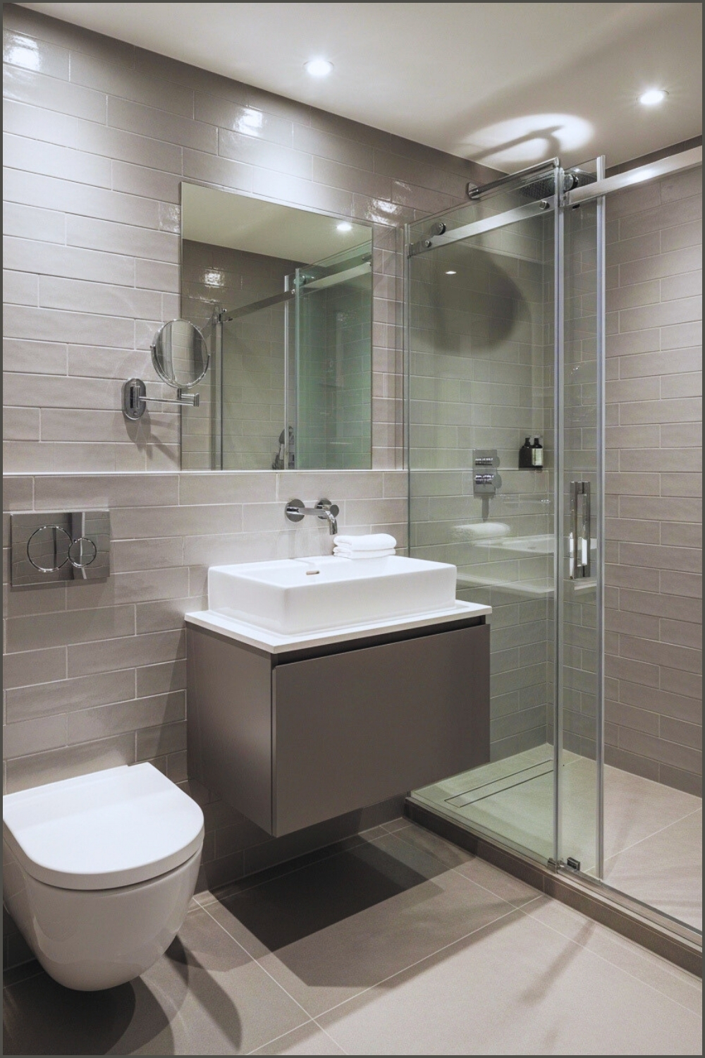 Modern Compact Bathroom Interior, Grey Subway Wall Tiles