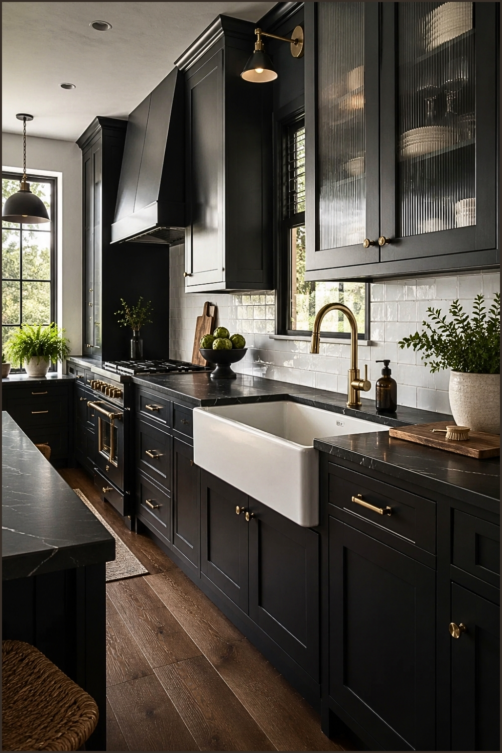 Modern Farmhouse Black Kitchen With White Apron Sink