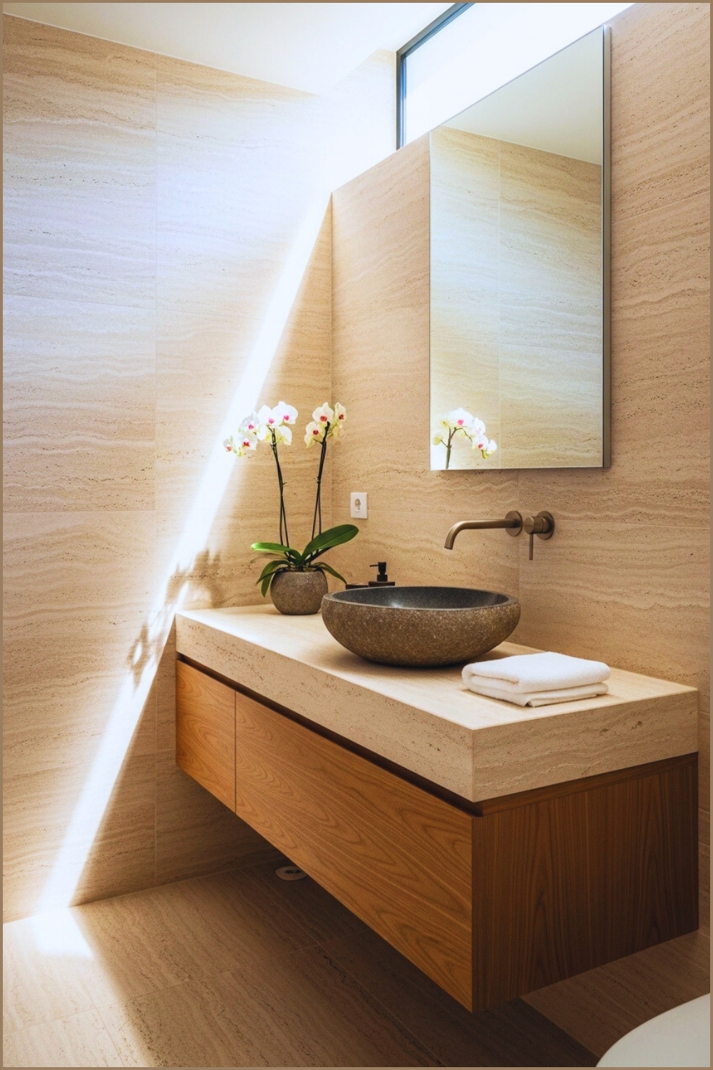 Modern Spa Bathroom Interior, Beige And Stone Textured Walls