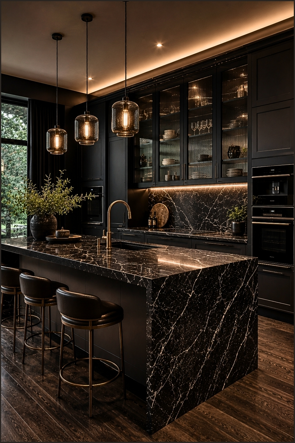 Moody Black Kitchen With Fluted Glass Cabinets