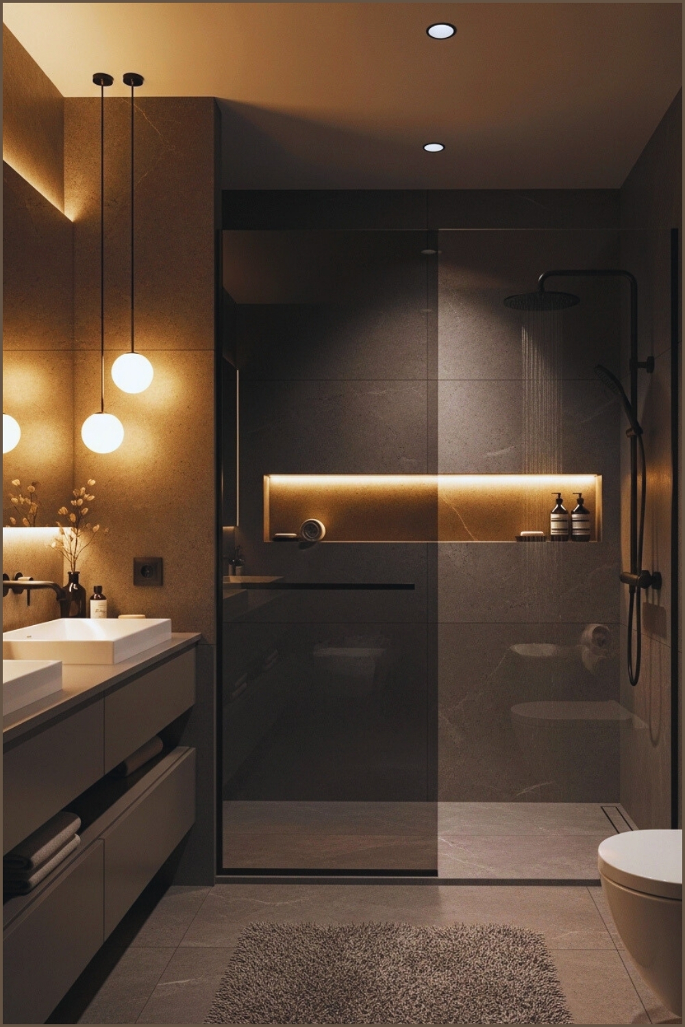 Moody Modern Bathroom Interior, Dark Grey Stone Walls