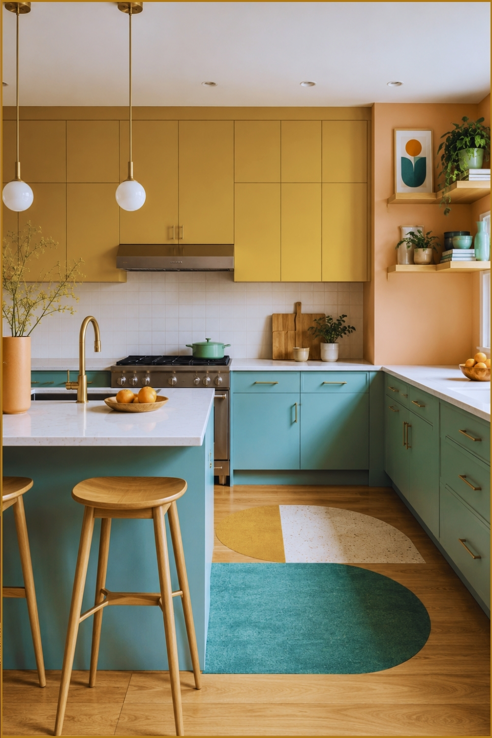 Mustard Yellow and Peach Color Block Kitchen