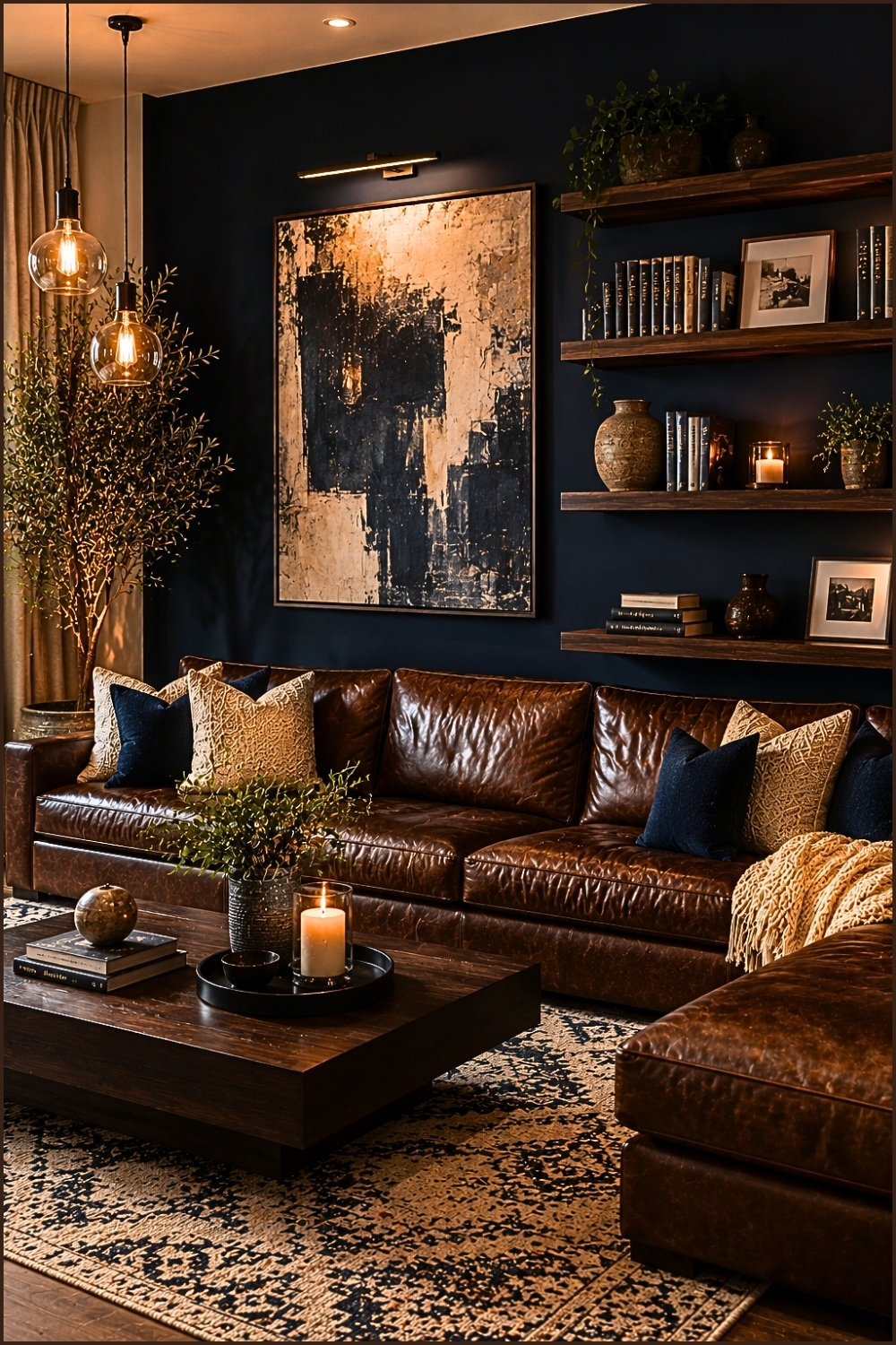 Navy Accent Wall Leather Living Room