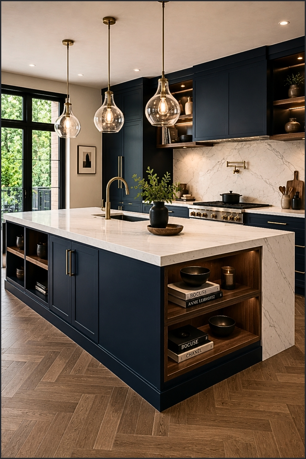 Navy Kitchen Island with Open Shelving
