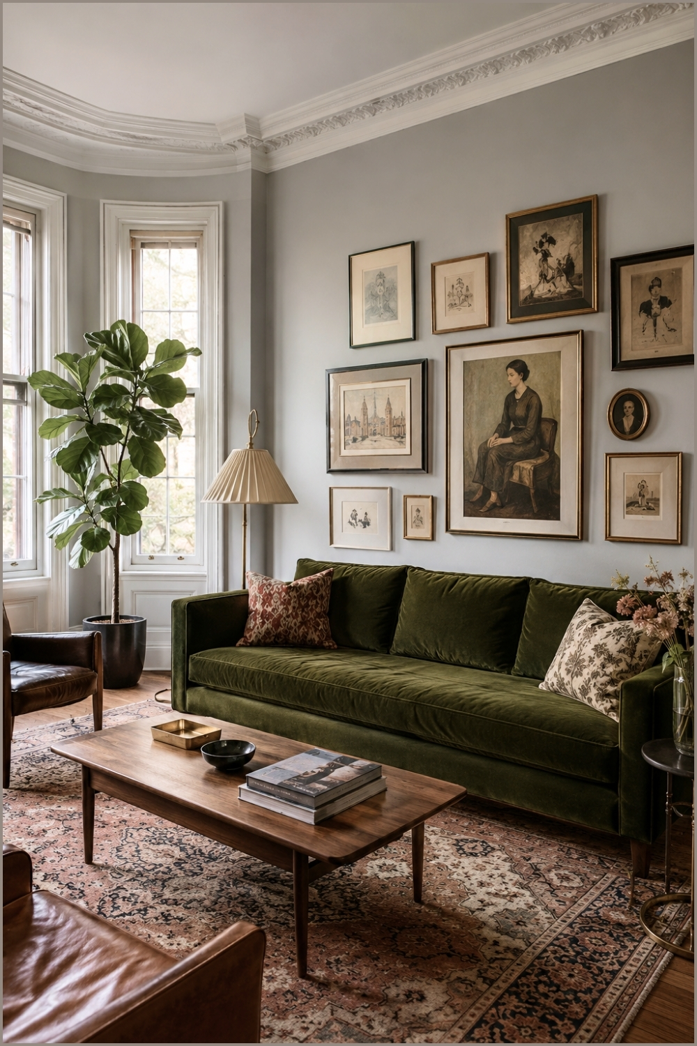 Olive Green Velvet Sofa with Vintage Gallery Wall