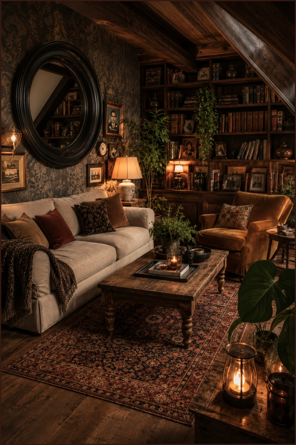 Place a Round Mirror to Amplify Vintage Living Room Design