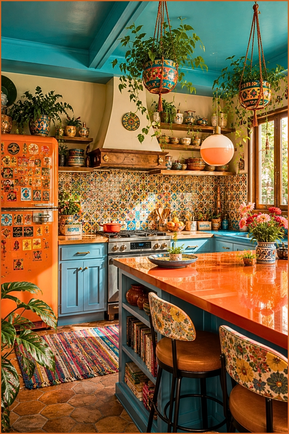 Retro Orange Fridge and Mosaic Tile Kitchen