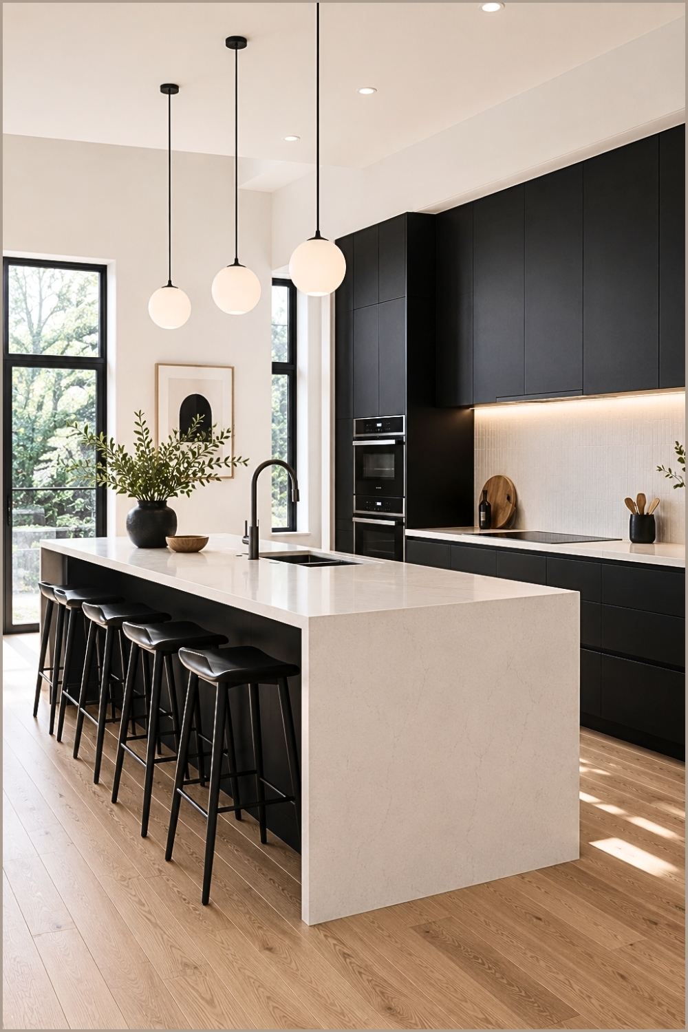 Scandinavian Black Kitchen With Light Wood Floors