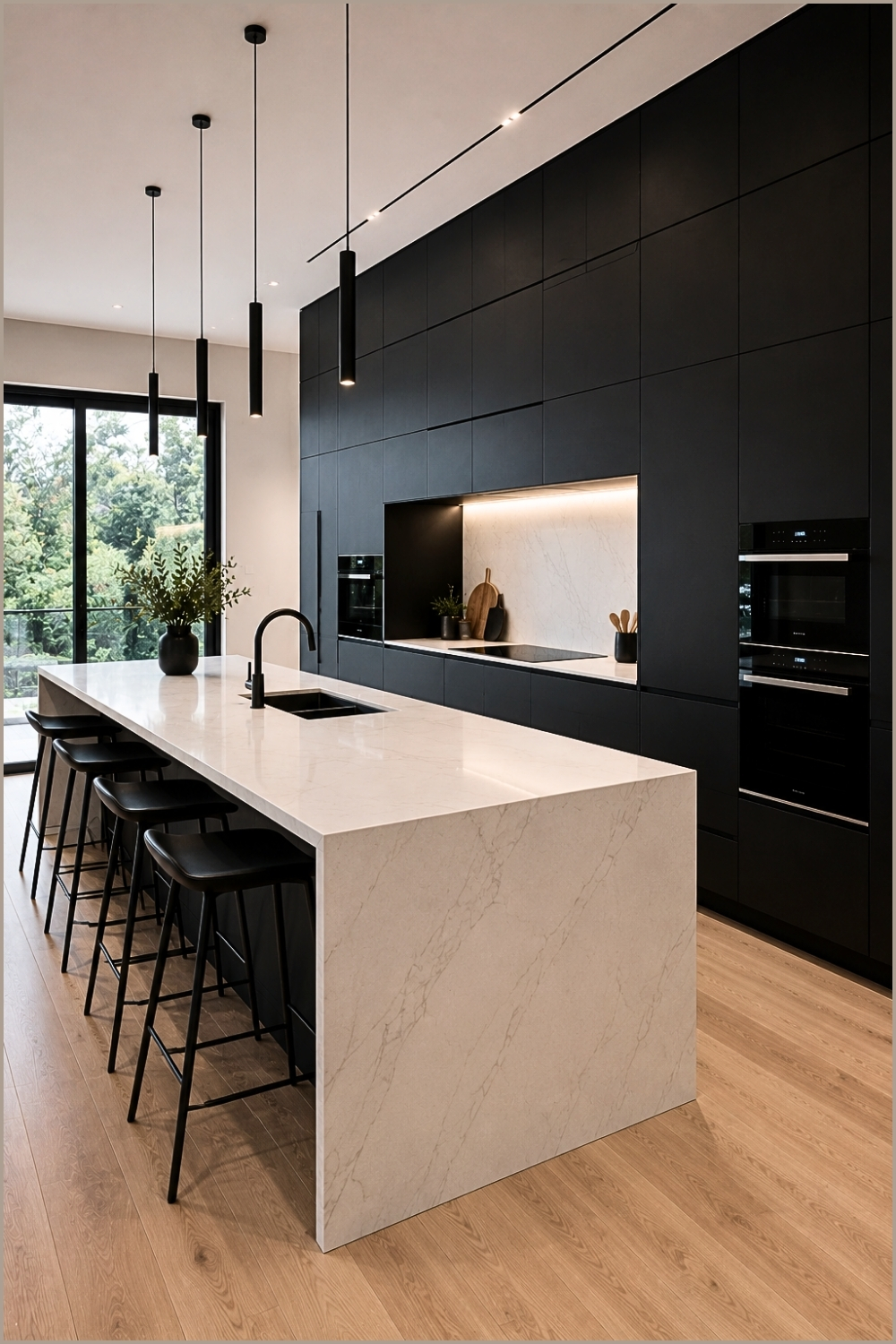 Sleek Minimalist Black Kitchen With Waterfall Quartz Island