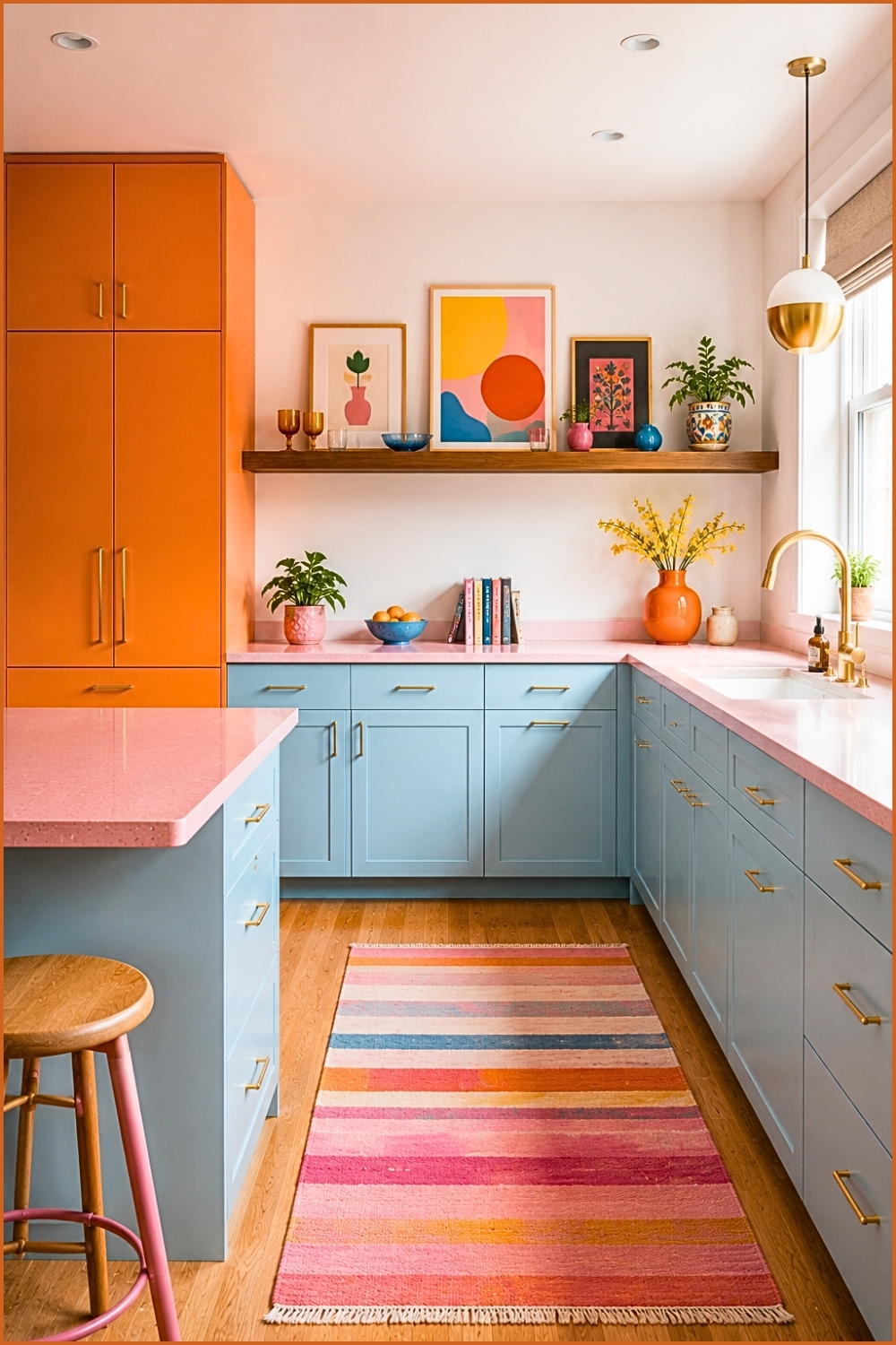 Soft Pastel Kitchen with Orange Accent Pantry