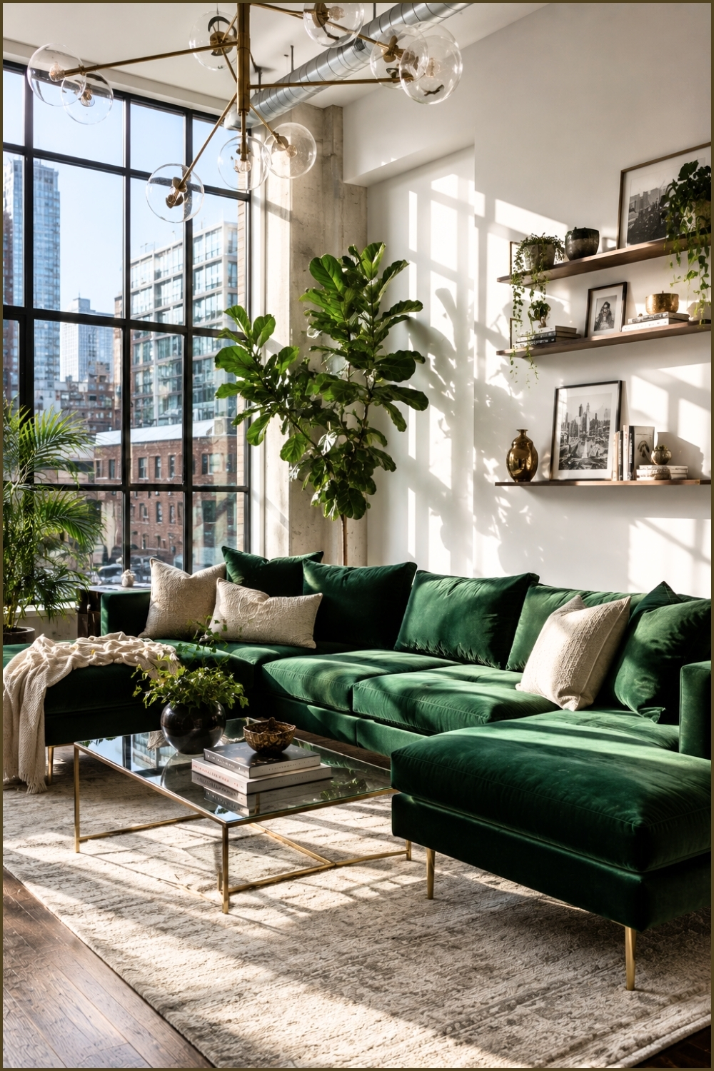 Sunlit Loft Living Room With Emerald Sectional