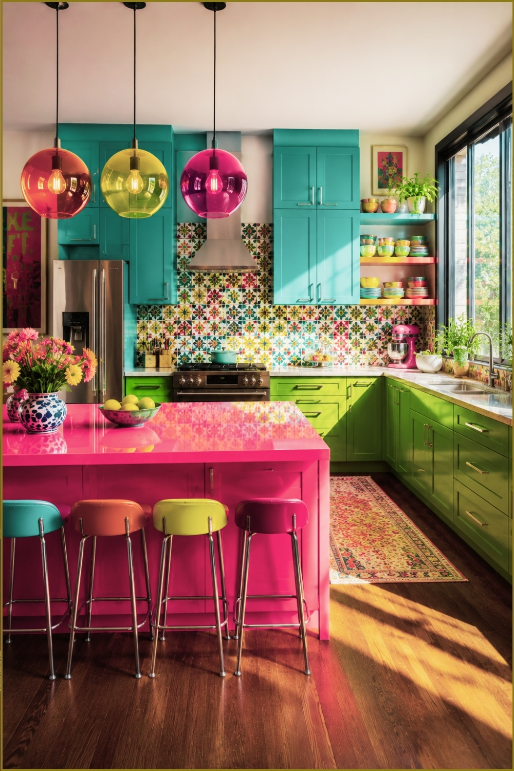 Tropical Retro Kitchen with Vibrant Pendant Lights