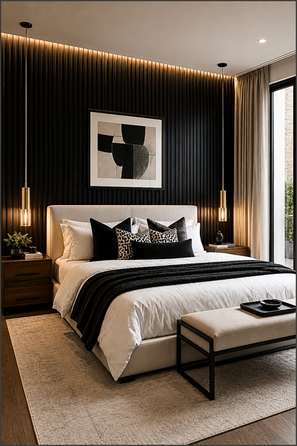 Vertical Panel Black Feature Wall Bedroom