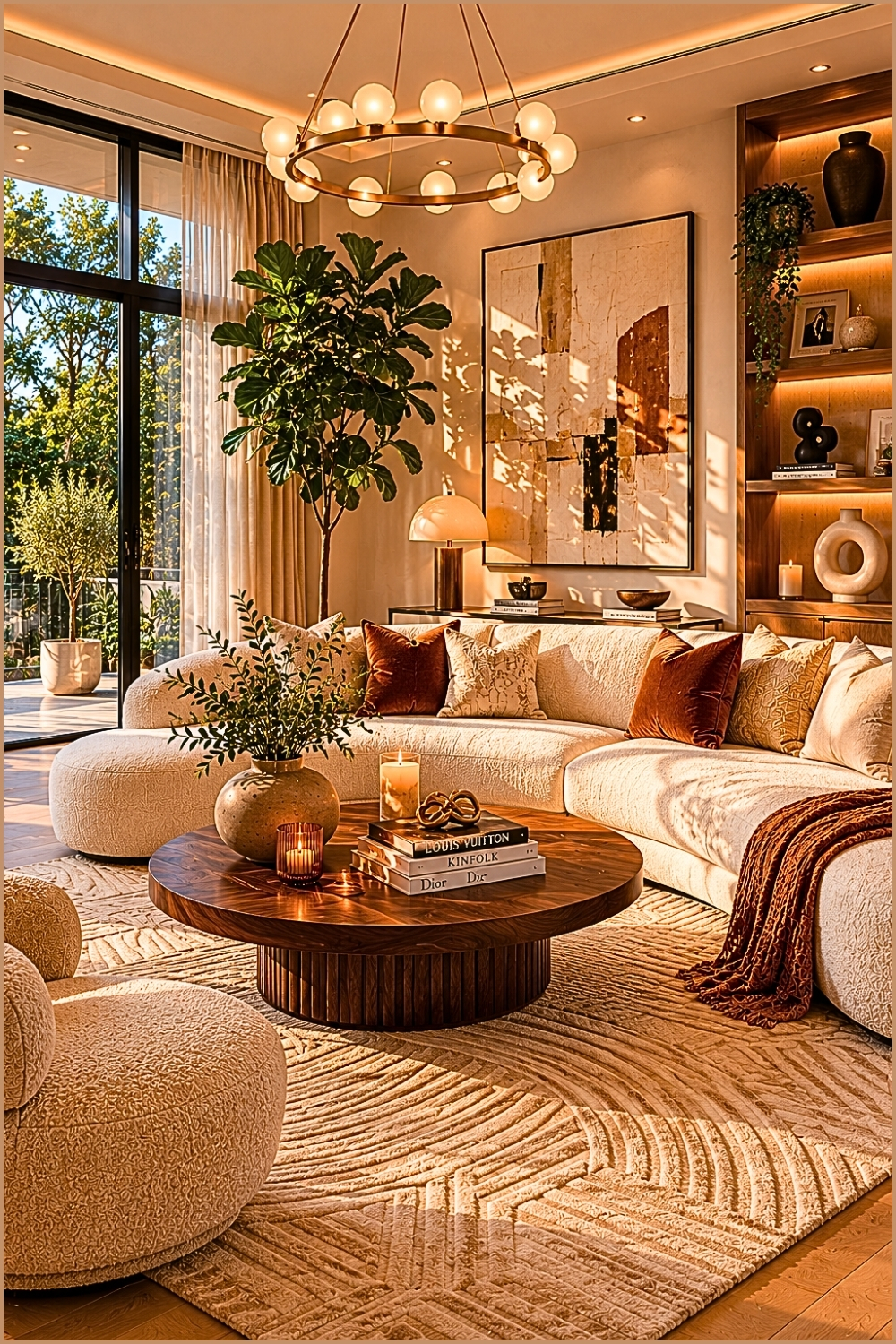 Warm Neutral Living Room with Rust Accents