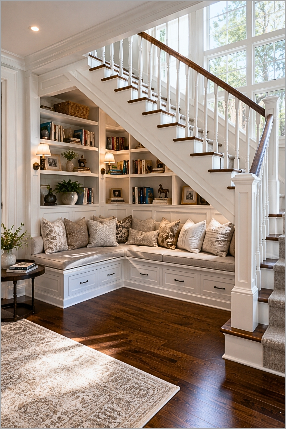 White Built-In Library Seating Area