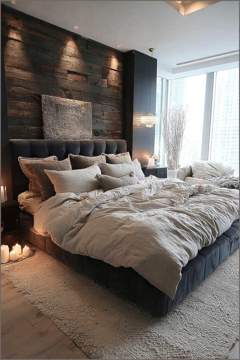 Moody Dark Wood Accent Wall Bedroom