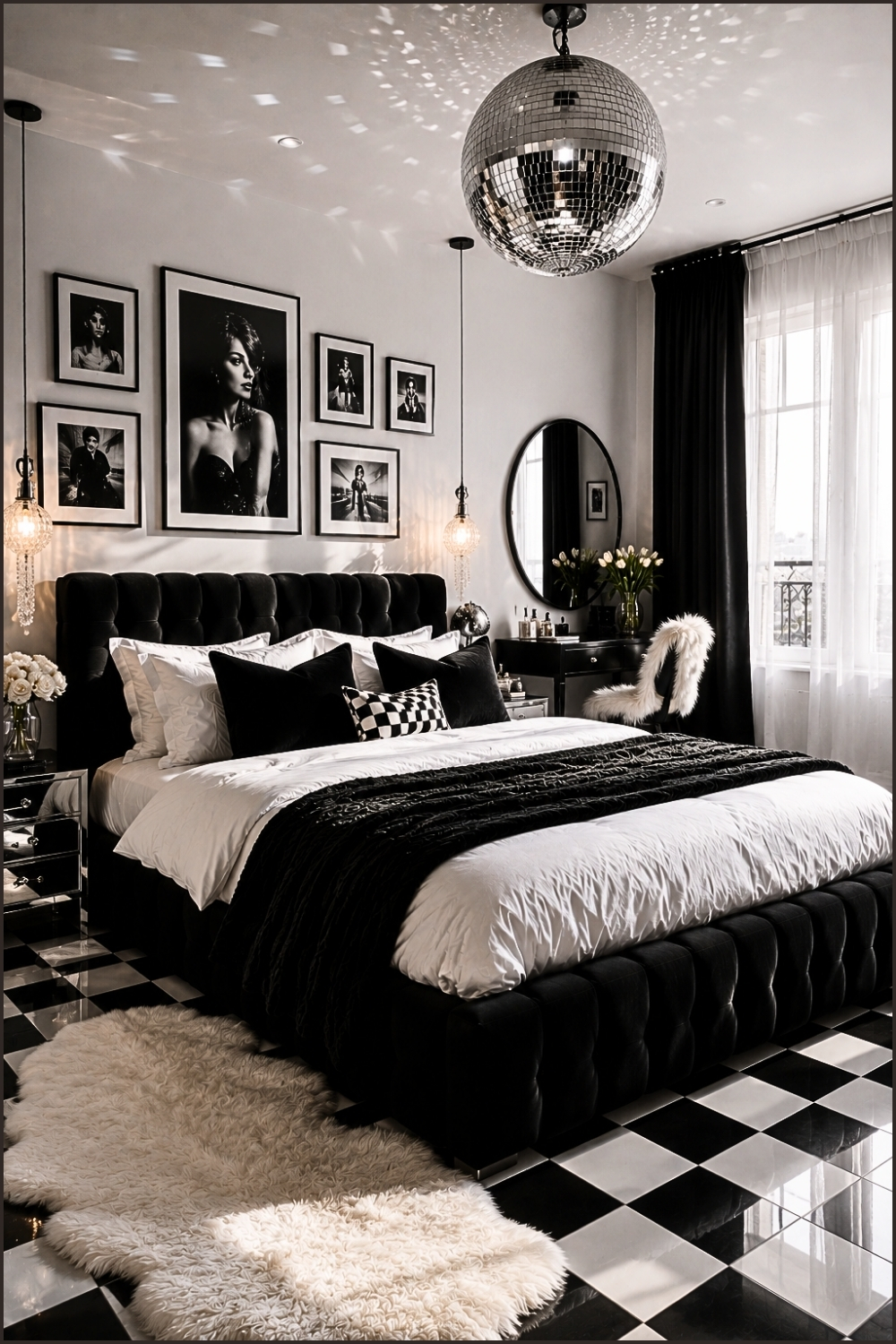 Chic Black and White Bedroom with Disco Ball
