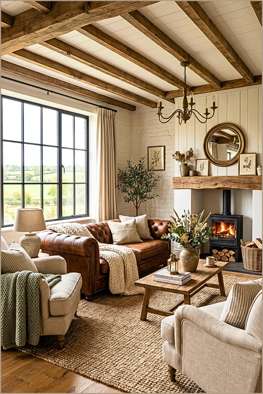 Cozy Farmhouse Living Room with Leather and Linen