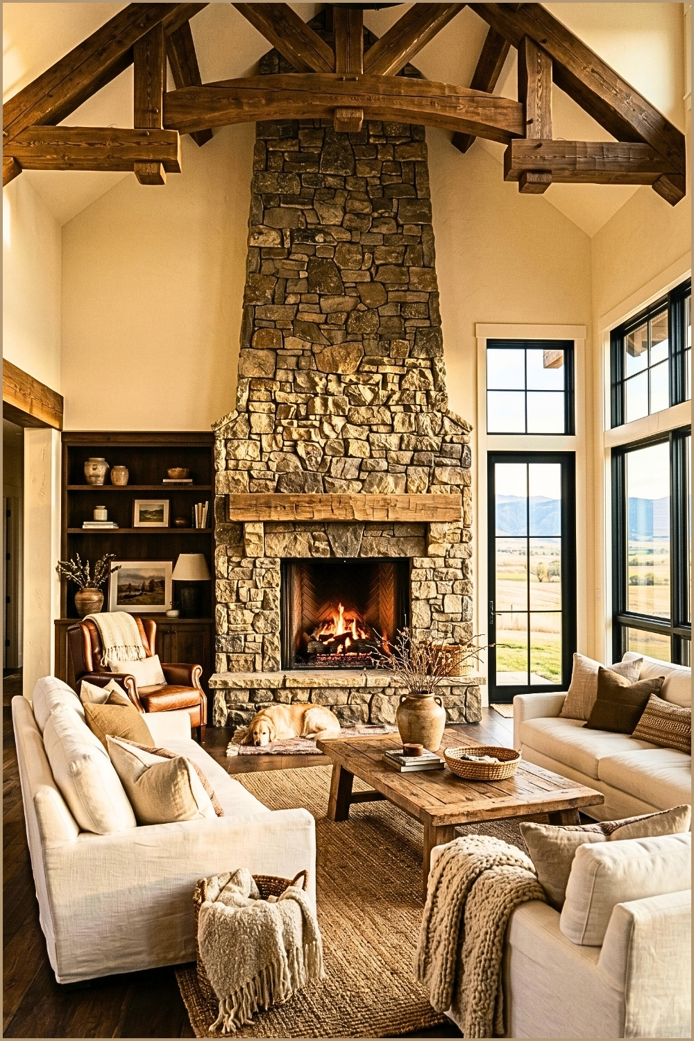 Elegant Stone Fireplace Farmhouse Great Room