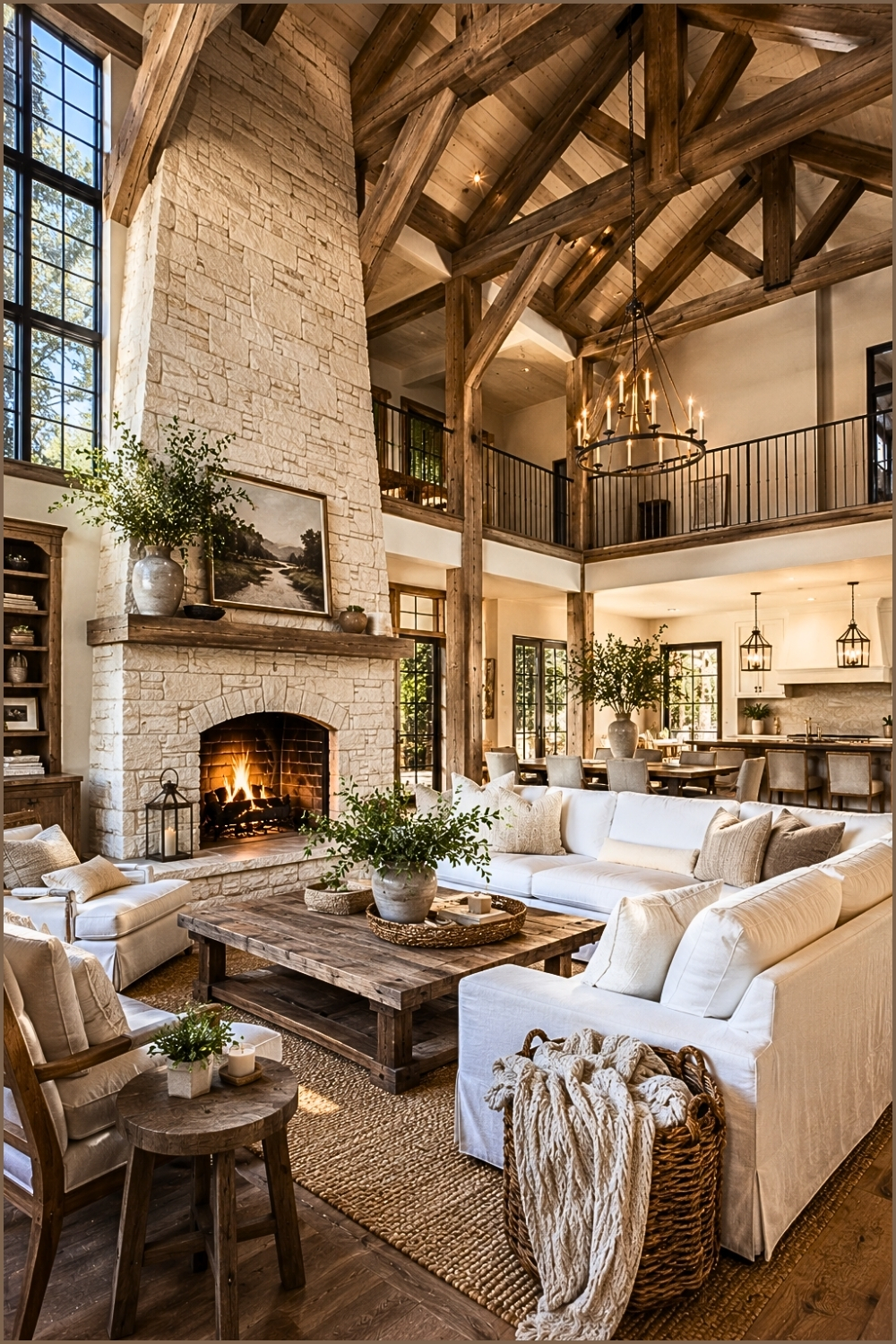 Grand Farmhouse Great Room with Stone Chimney