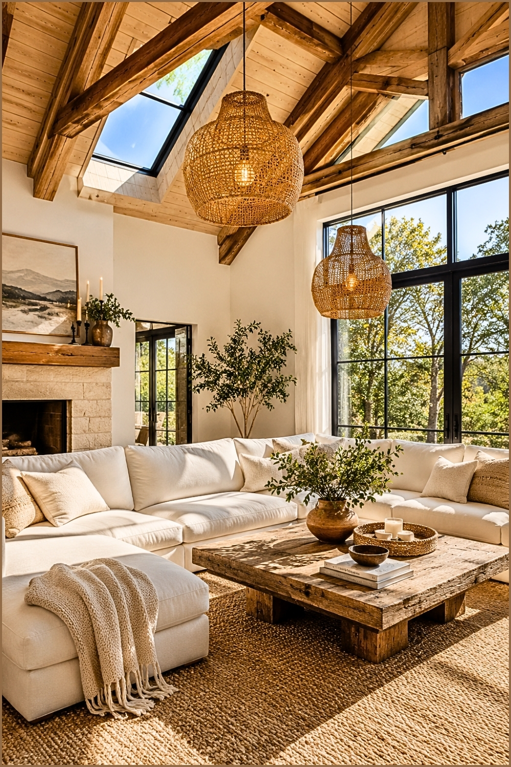 Sunlit Farmhouse Living Room with Skylights