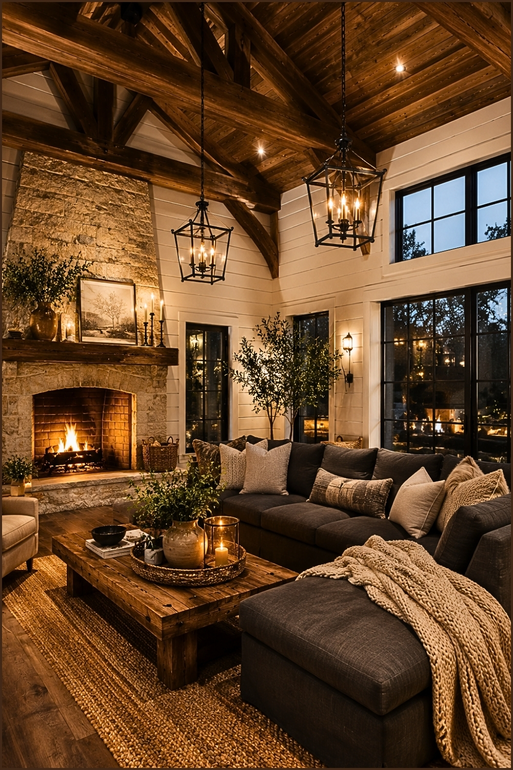 Warm Rustic Farmhouse Living Room at Dusk