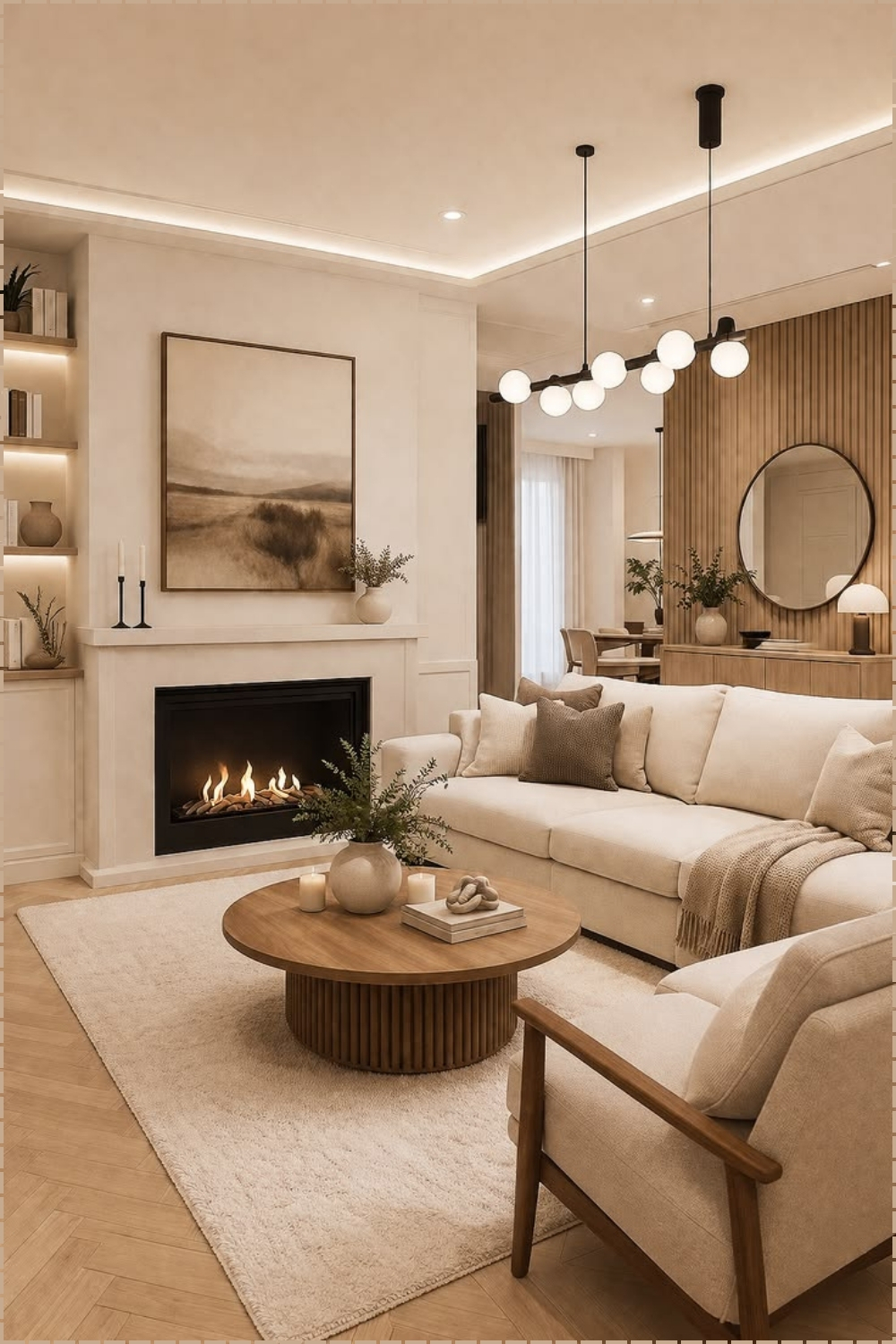 Warm Minimalist Fireplace Lounge