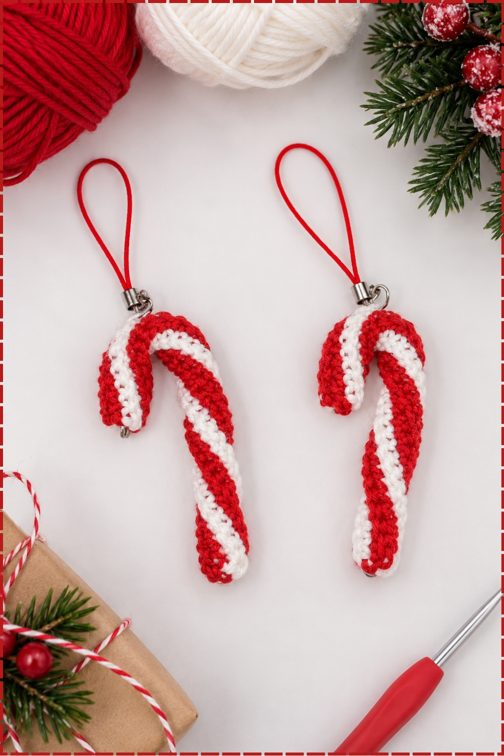 Crochet Ribbed Candy Cane Christmas Ornaments