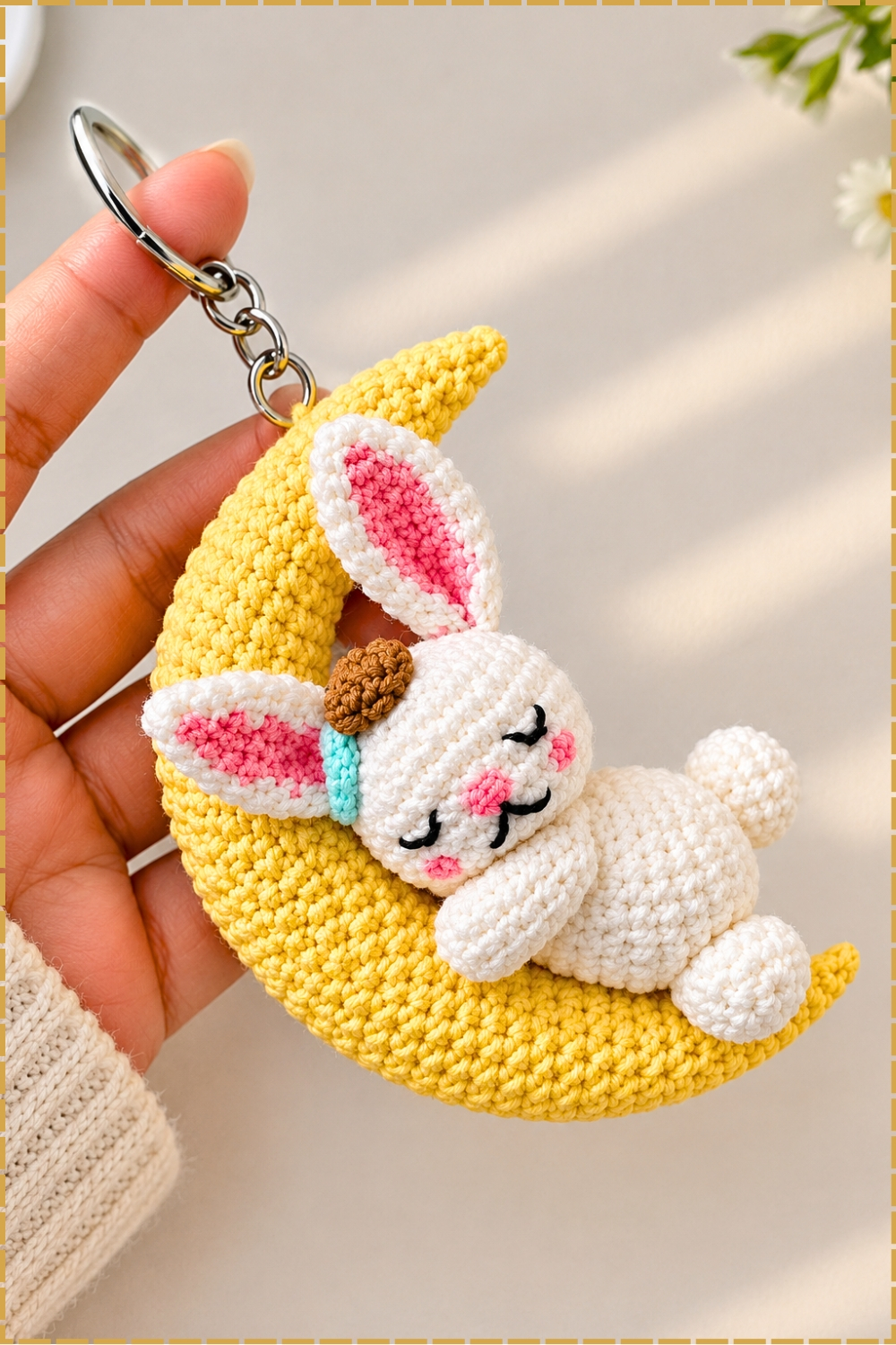 Cute Little Crochet Bunny Moon Keychain