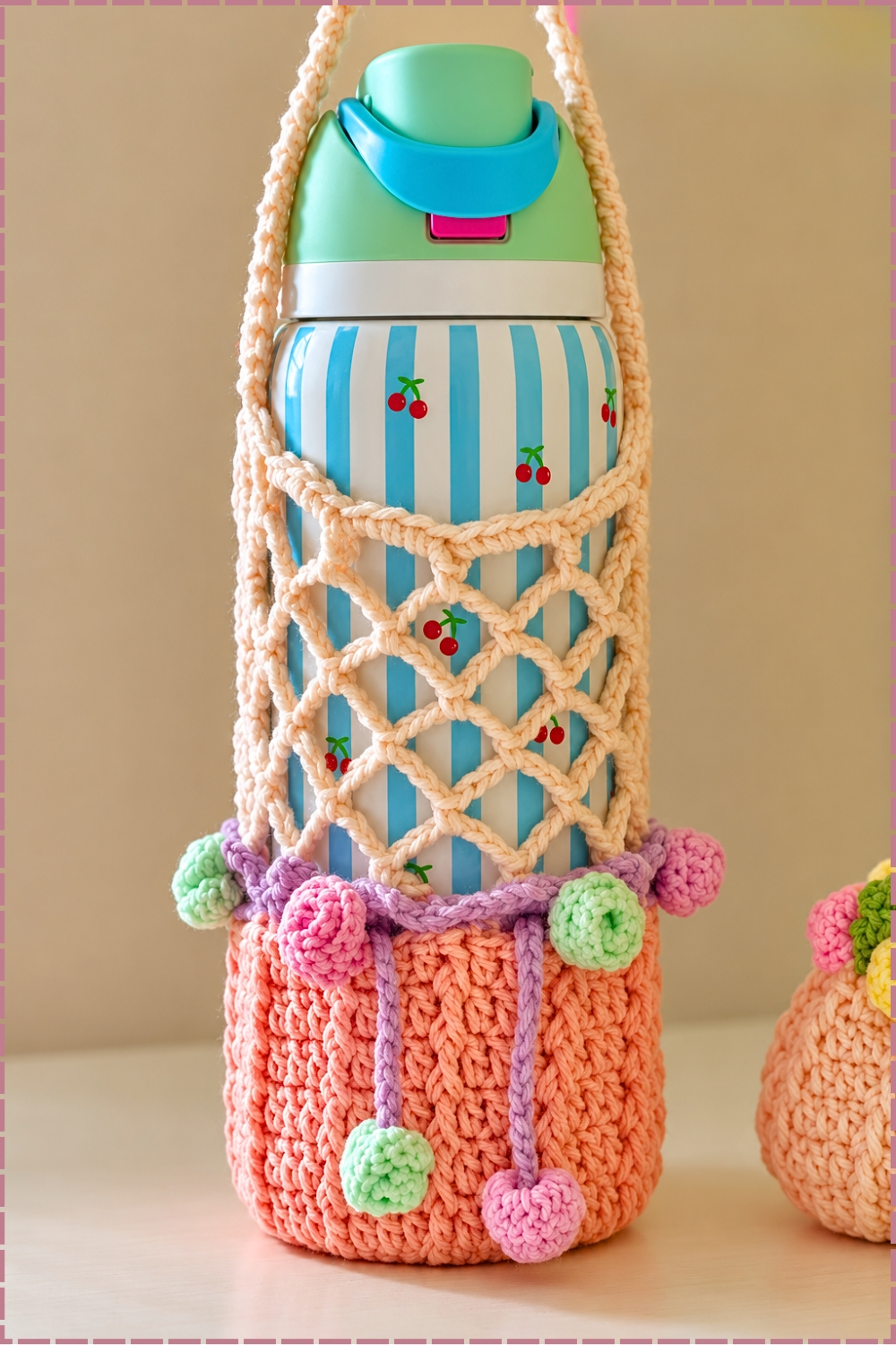 Drawstring Crochet Bottle Holder With Rose and Leaves