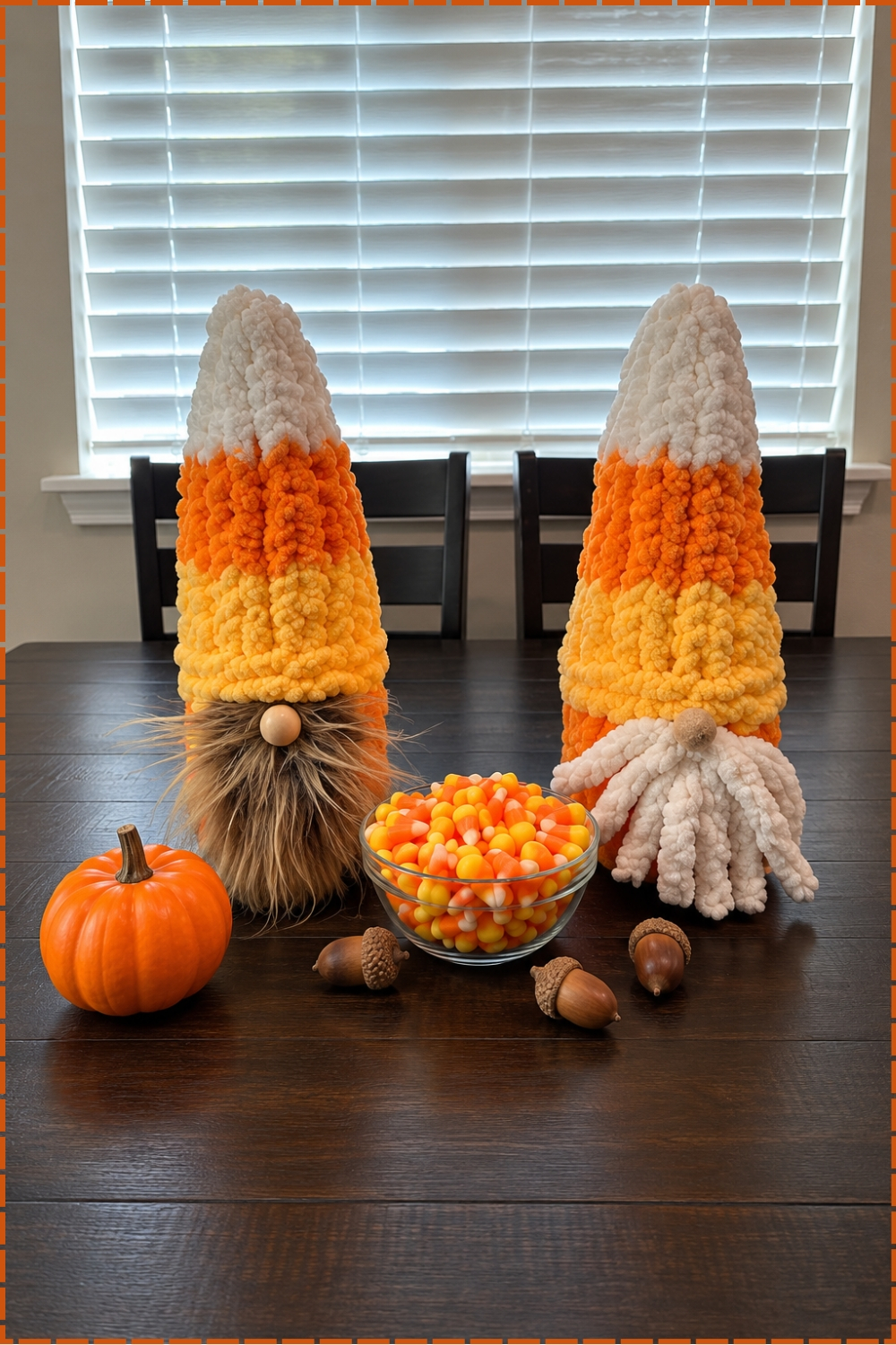 Finger Knit a Chunky Plush Candy Corn Gnome