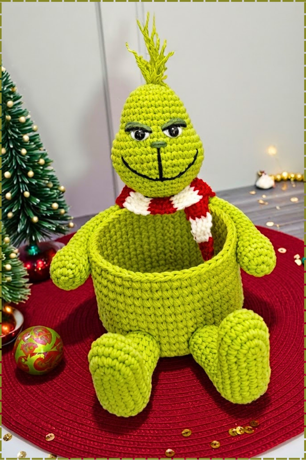 Round Crochet Grinch Basket Christmas Gift